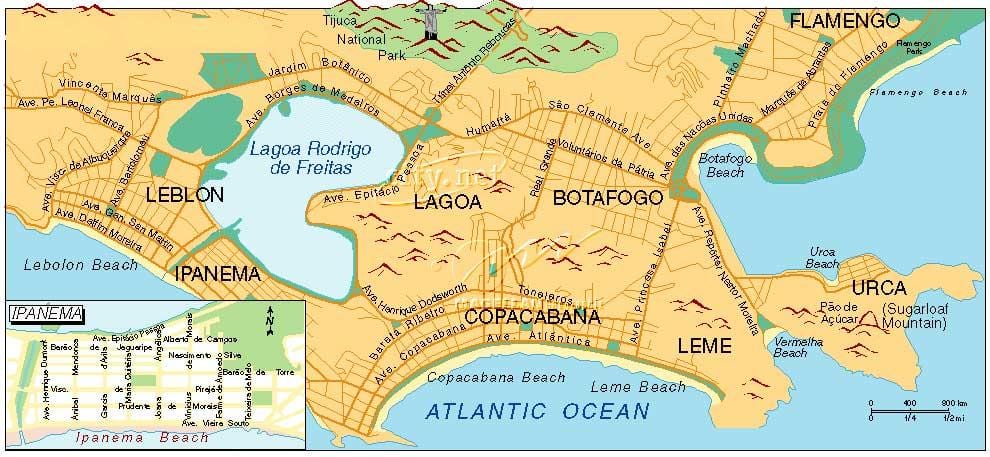 mapa pláže v meste Rio de Janeiro